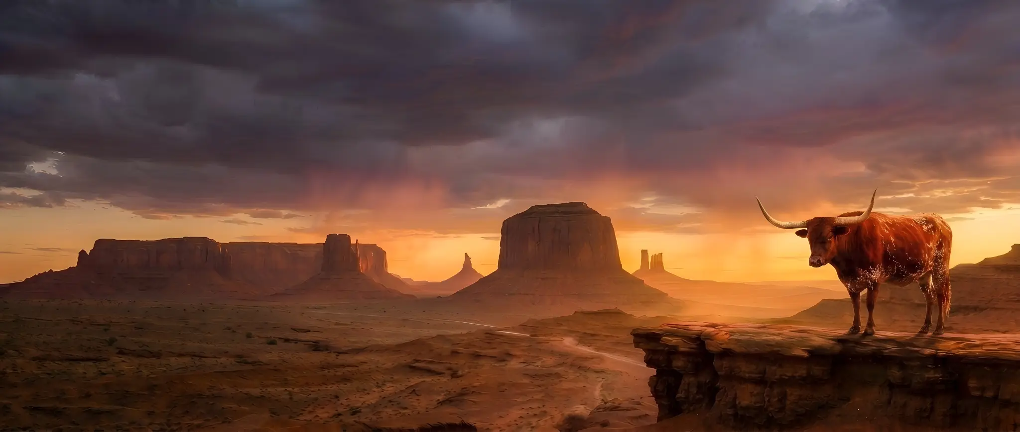 Texas longhorn bull surveying Monument Valley at sunset — Vetta Investments